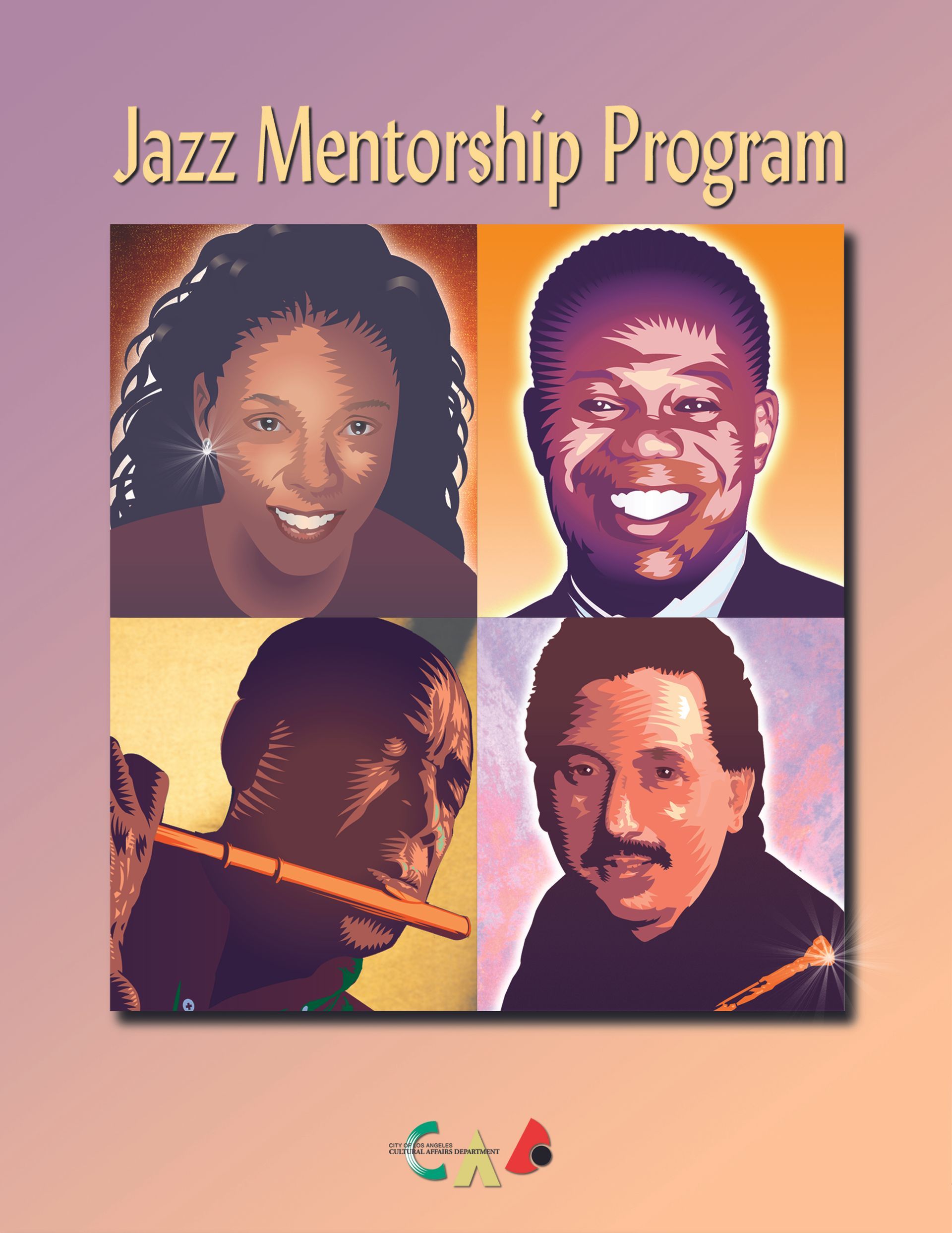 Jazz Mentorship Program. Collage of four musicians: two smiling faces, a flutist, and a man with a mustache.