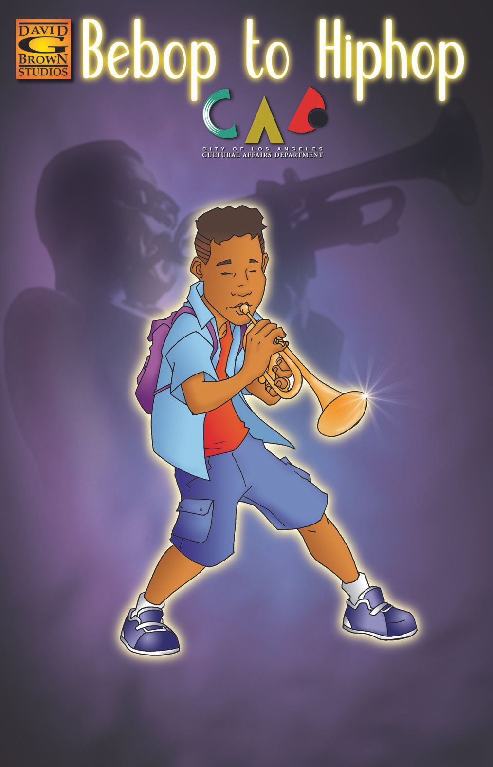 Cartoon boy playing a trumpet, with a purple background featuring jazz musicians.