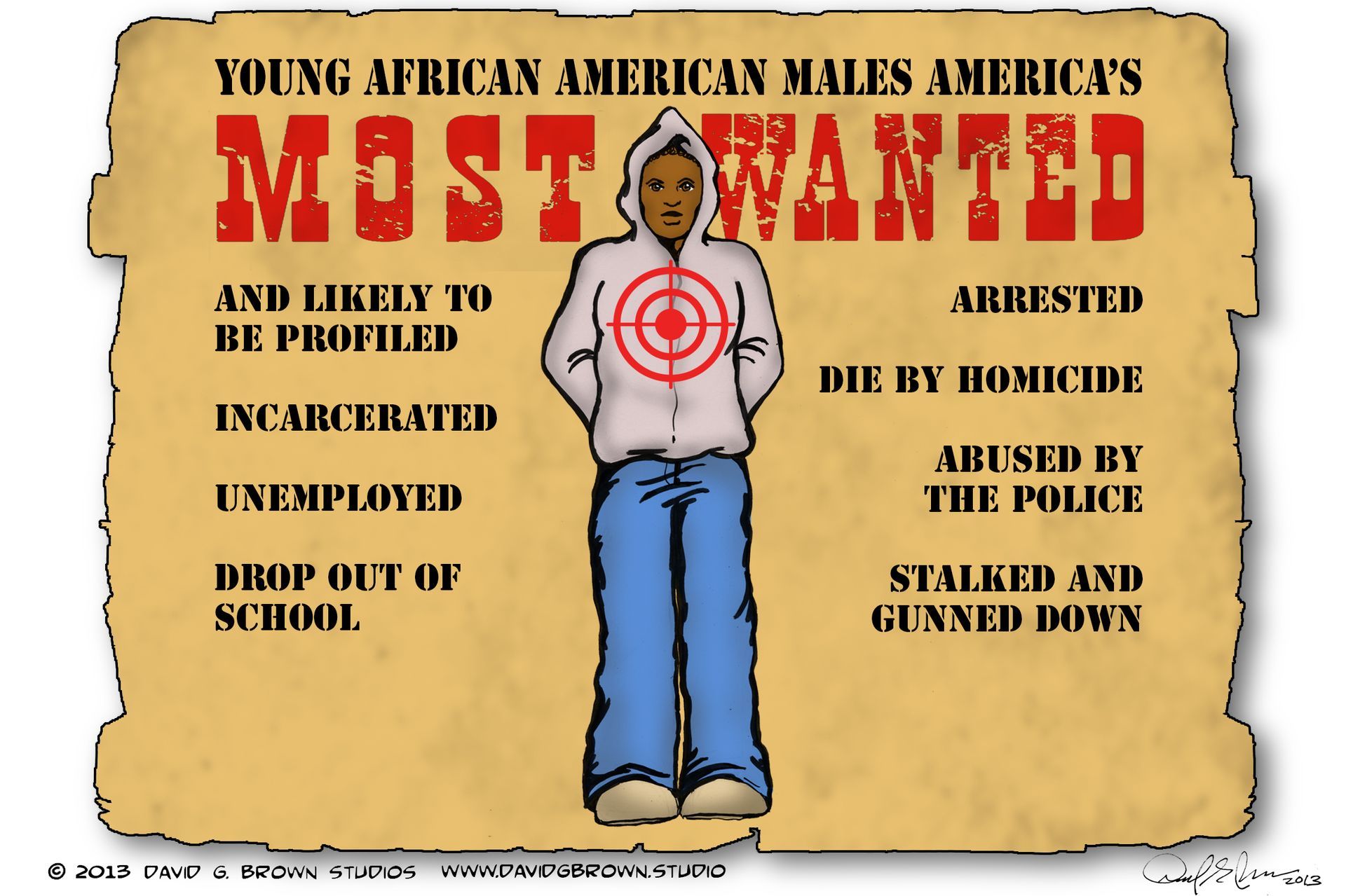 A cartoon depicting a young Black male with a target on his chest, labeled 
