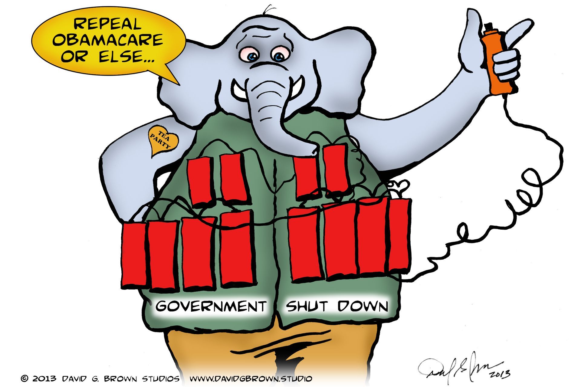 A Republican elephant, wearing a bomb vest labeled 