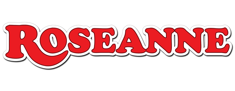 Logo for the sitcom Roseanne, red letters with a white border.