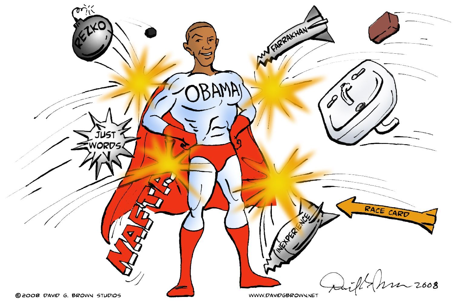 Obama as a superhero, surrounded by projectiles, wearing a cape and costume, 