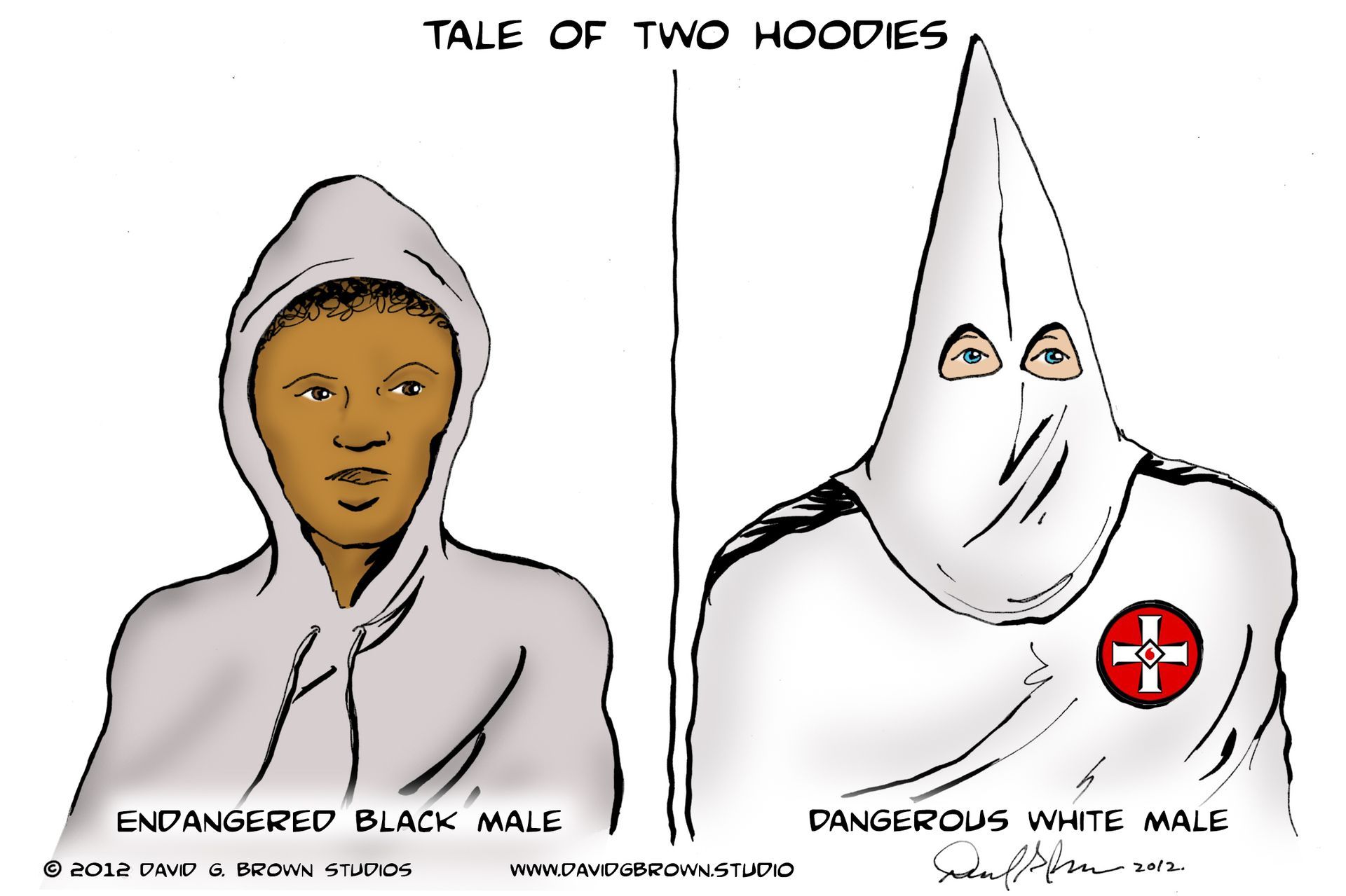 Comparison of a black male in a hoodie and a white person in a KKK hood, labeled 