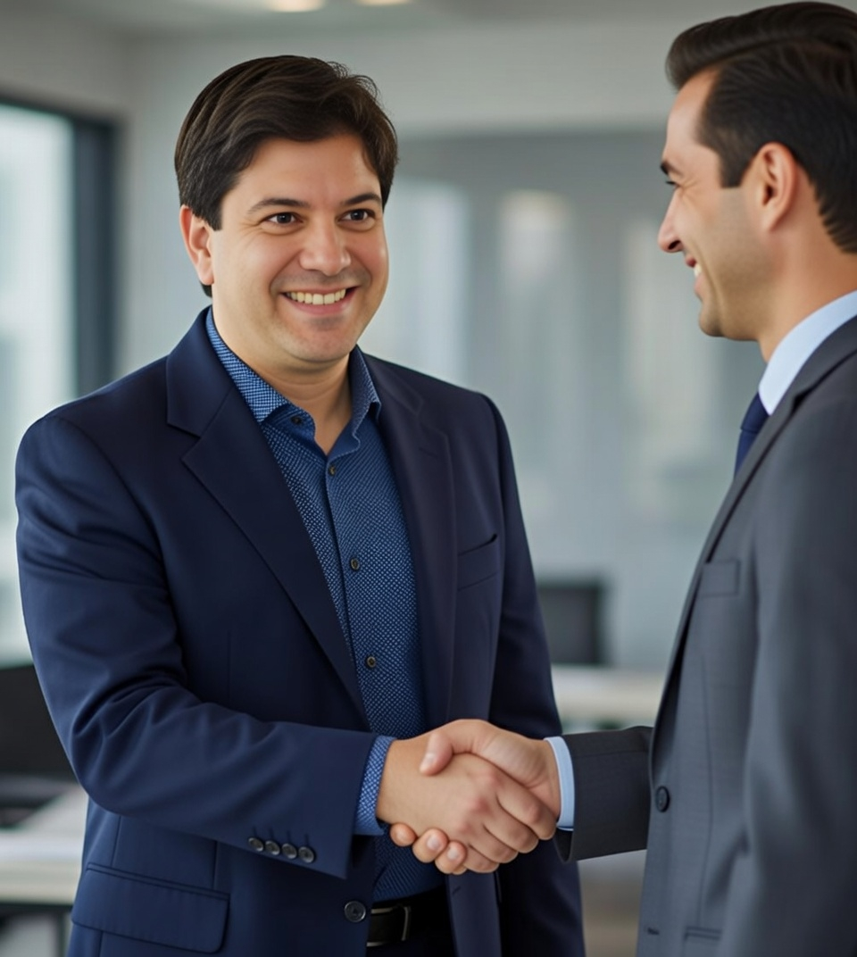 Two men in suits shaking hands, smiling, in an office.