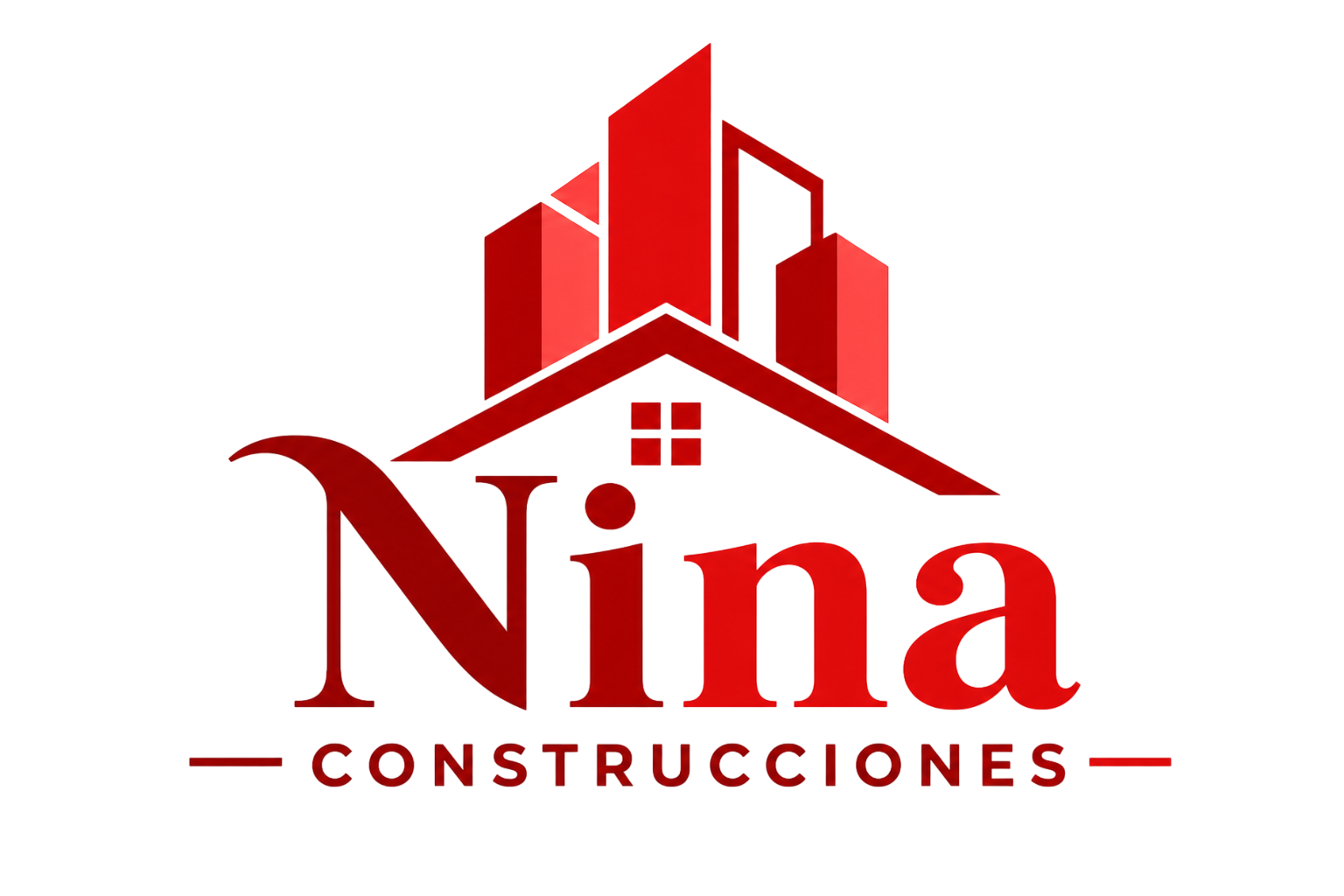 Logotipo rojo de Nina Construcciones con edificios rojos estilizados e icono de tejado de casa