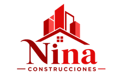 Logotipo rojo de Nina Construcciones con edificios rojos estilizados e icono de tejado de casa