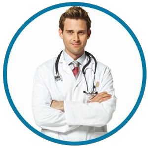 Un profesional con bata blanca y estetoscopio, con los brazos cruzados, enmarcado en un círculo azul.