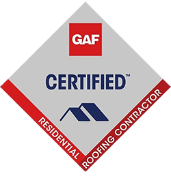 GAF Certified Residential Roofing Contractor logo: red, gray, and blue diamond with