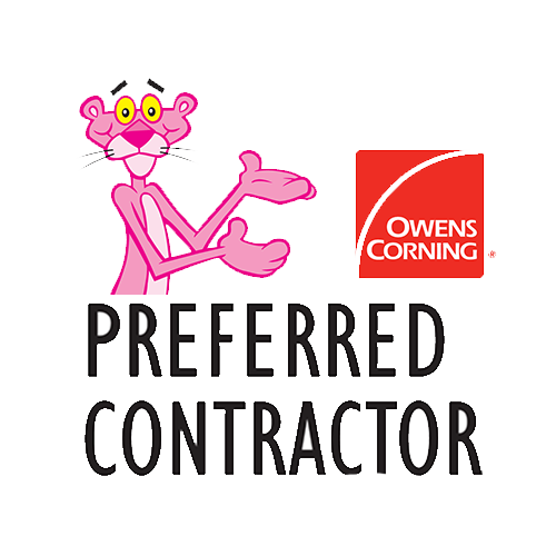 Pink Panther with outstretched arms, Owens Corning logo,