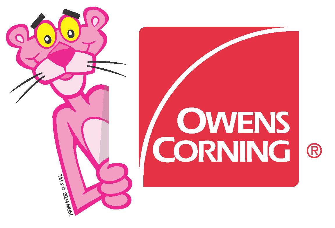 Pink Panther with outstretched arms, Owens Corning logo,