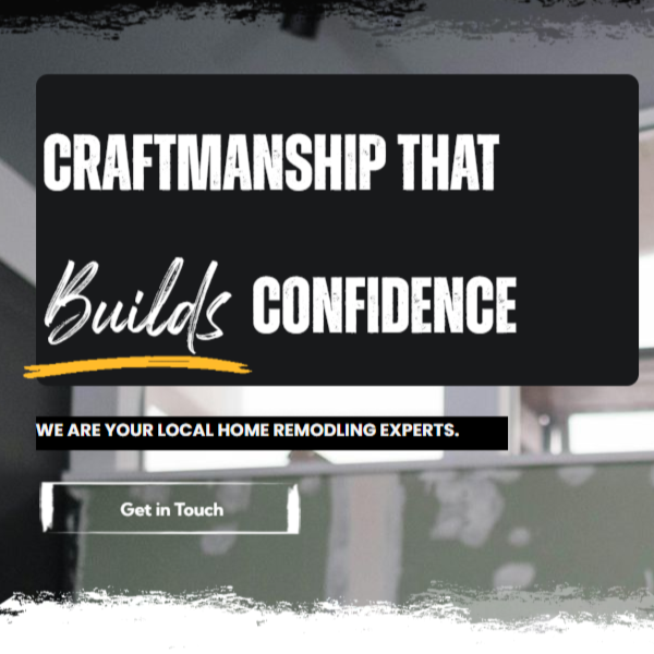 Website homepage featuring a builder reviewing blueprints, with image gallery and portfolio examples.