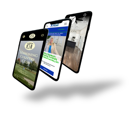 Website design showcasing a construction company's portfolio, displayed on a monitor, laptop, and phone.