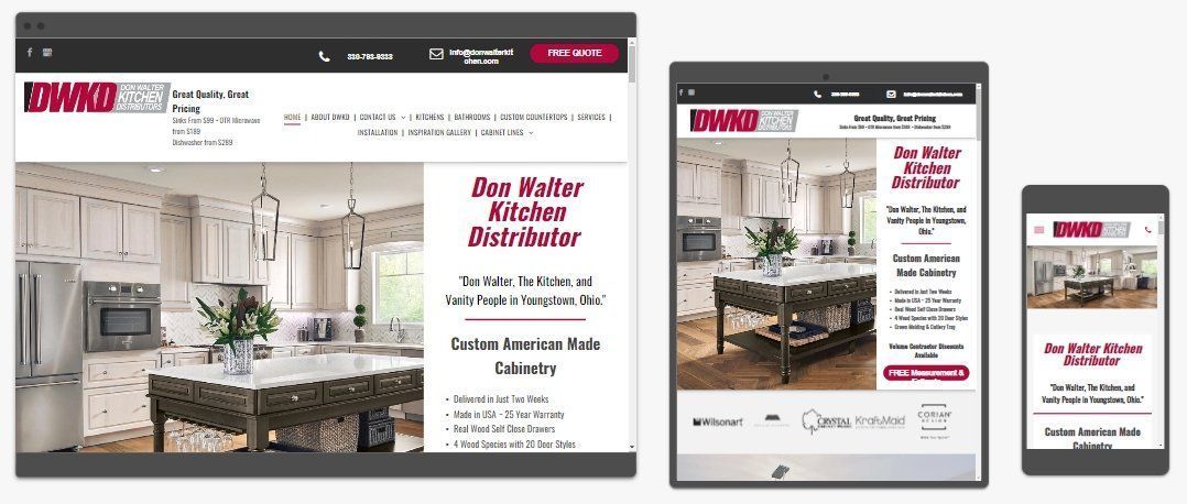 Website displayed on laptop, tablet, and phone; kitchen renovation advertisement.