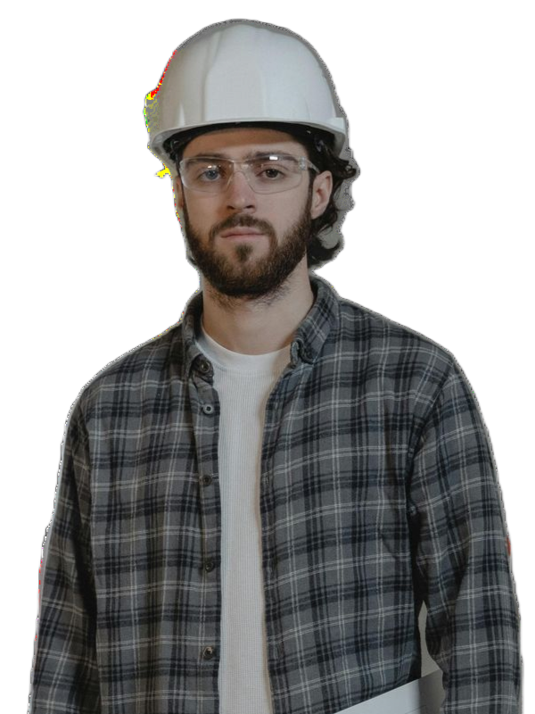 Construction worker wearing a hard hat, glasses, and plaid shirt, holding blueprints against a white background.