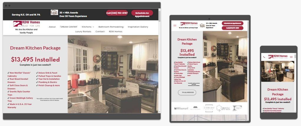 Screenshots of a website on multiple devices: desktop, tablet, and phone. Website displays a kitchen design.