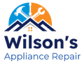 Logo for Wilson's Appliance Repair featuring a house outline, tools, and a blue and orange sun motif.
