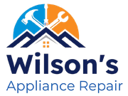 Logo for Wilson's Appliance Repair featuring a house outline, tools, and a blue and orange sun motif.
