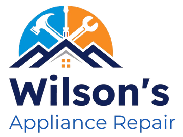 Logo for Wilson's Appliance Repair featuring a house outline, tools, and a blue and orange sun motif.