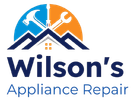 Logo for Wilson's Appliance Repair featuring a house outline, tools, and a blue and orange sun motif.