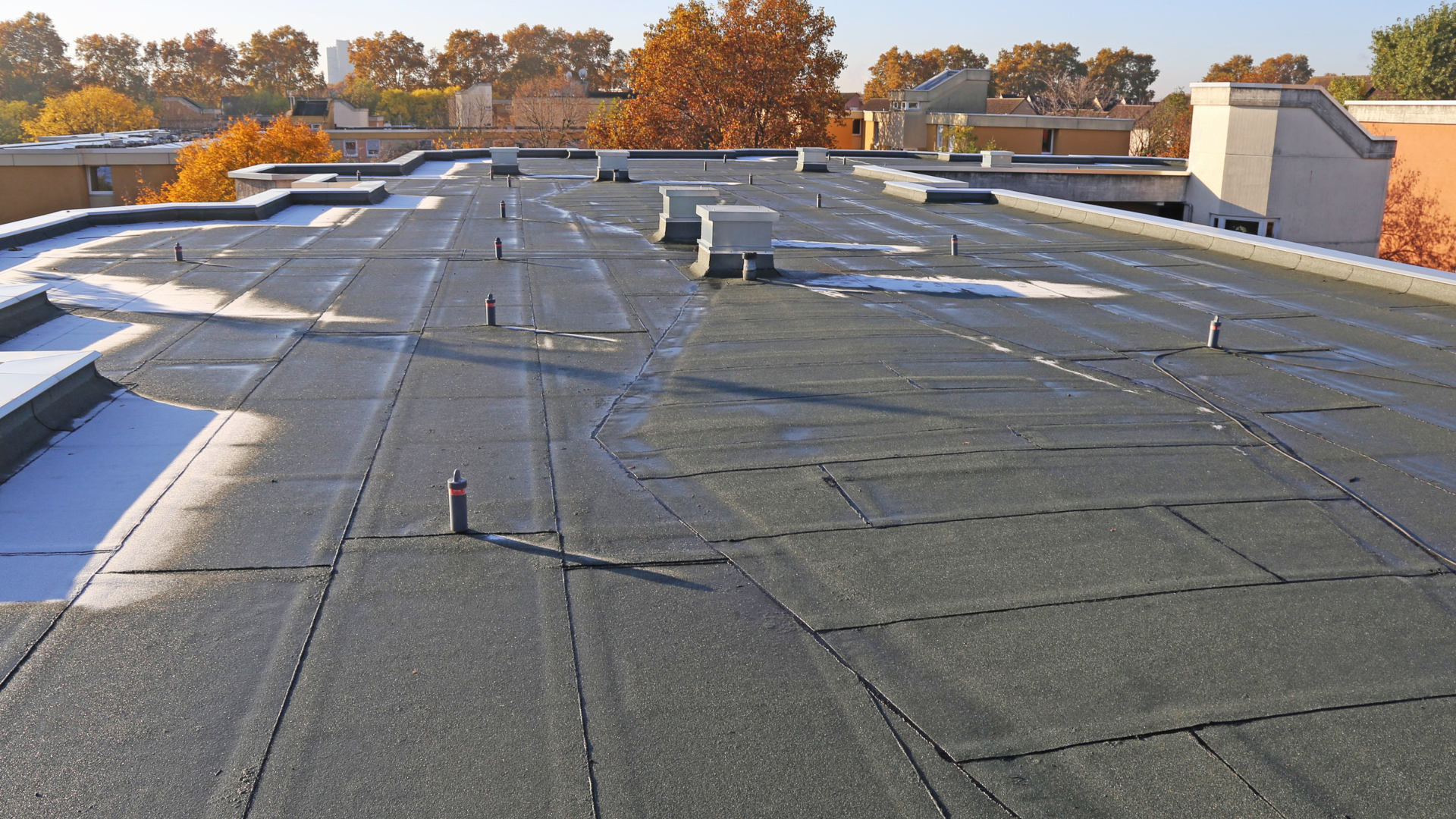 The roof of a building with a black roof and trees in the background
