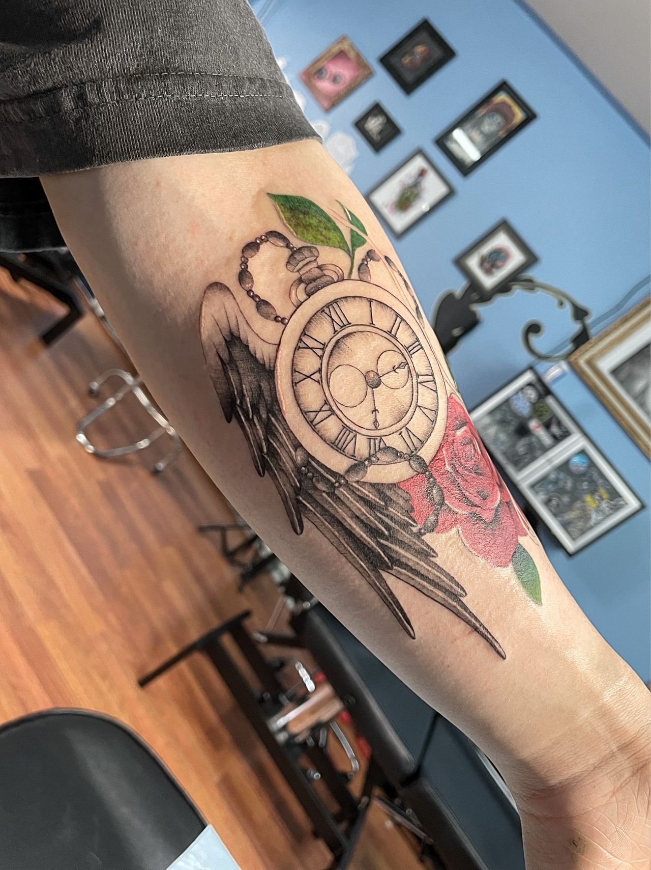 Clock with Wing and Rose - Manhattan, NY - Studio 28 Tattoo