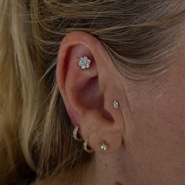 Lobe with Pearl Earring and Upper Lobe Ring Earring, and Tragus Diamond Studs with Floral Diamond on Outer Conch - Manhattan, NY - Studio 28 Tattoo