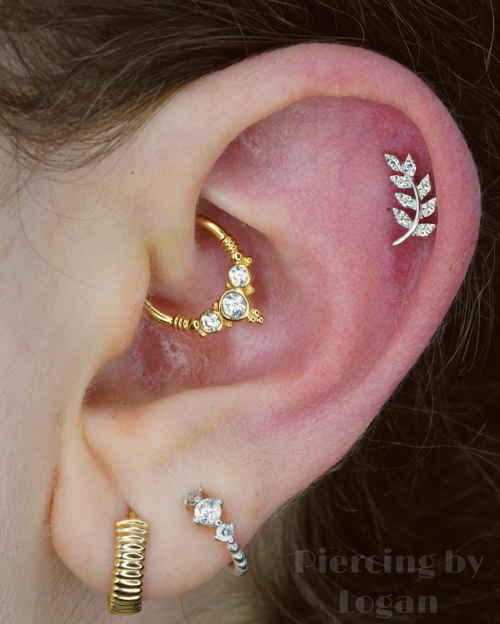 Close-up of an ear with multiple piercings, including a gold septum ring and a diamond-studded leaf on the upper ear.