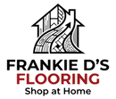 Frankie D’s Flooring logo with black and red text and a house-shaped floor pattern; “Shop at Home” tagline.