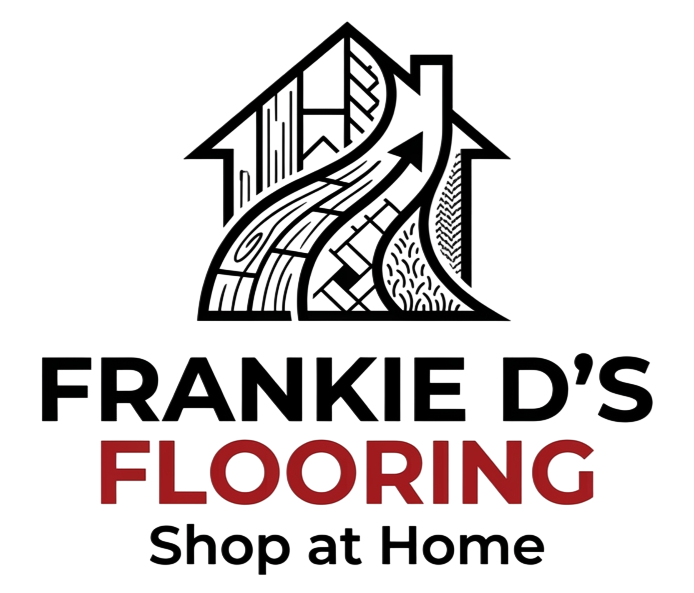 Frankie D&rsquo;s Flooring logo with black and red text and a house-shaped floor pattern; &ldquo;Shop at Home&rdquo; tagline.