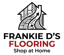 Frankie D’s Flooring logo with black and red text and a house-shaped floor pattern; “Shop at Home” tagline.