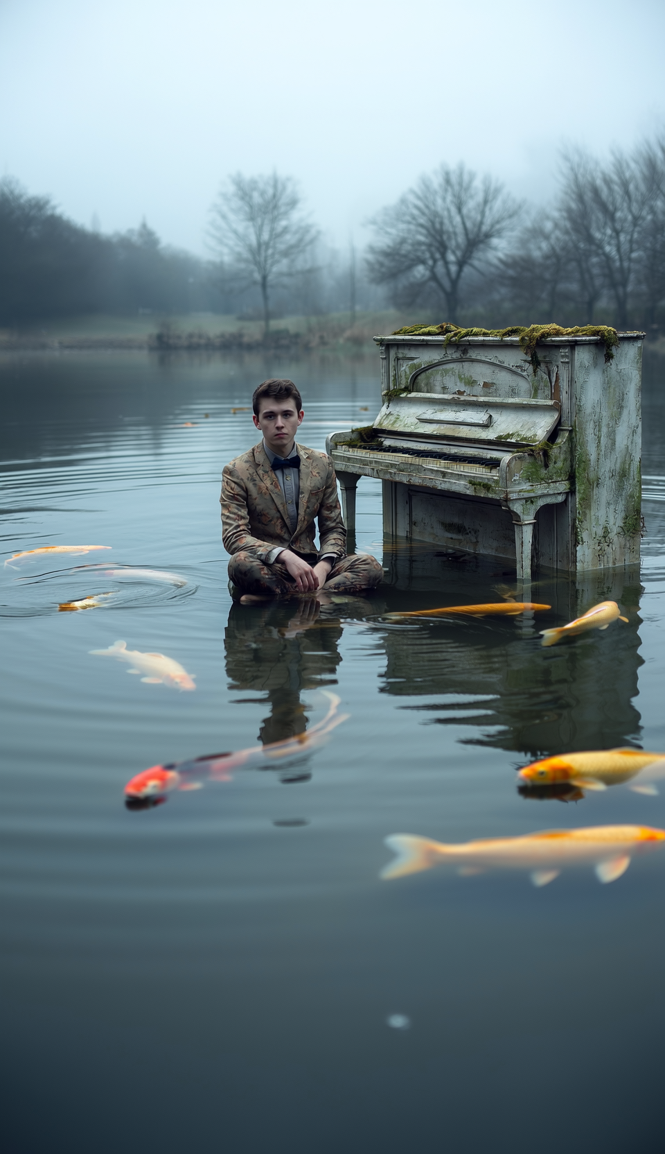 Man seated in water near an old piano, surrounded by orange koi fish; foggy outdoor setting.
