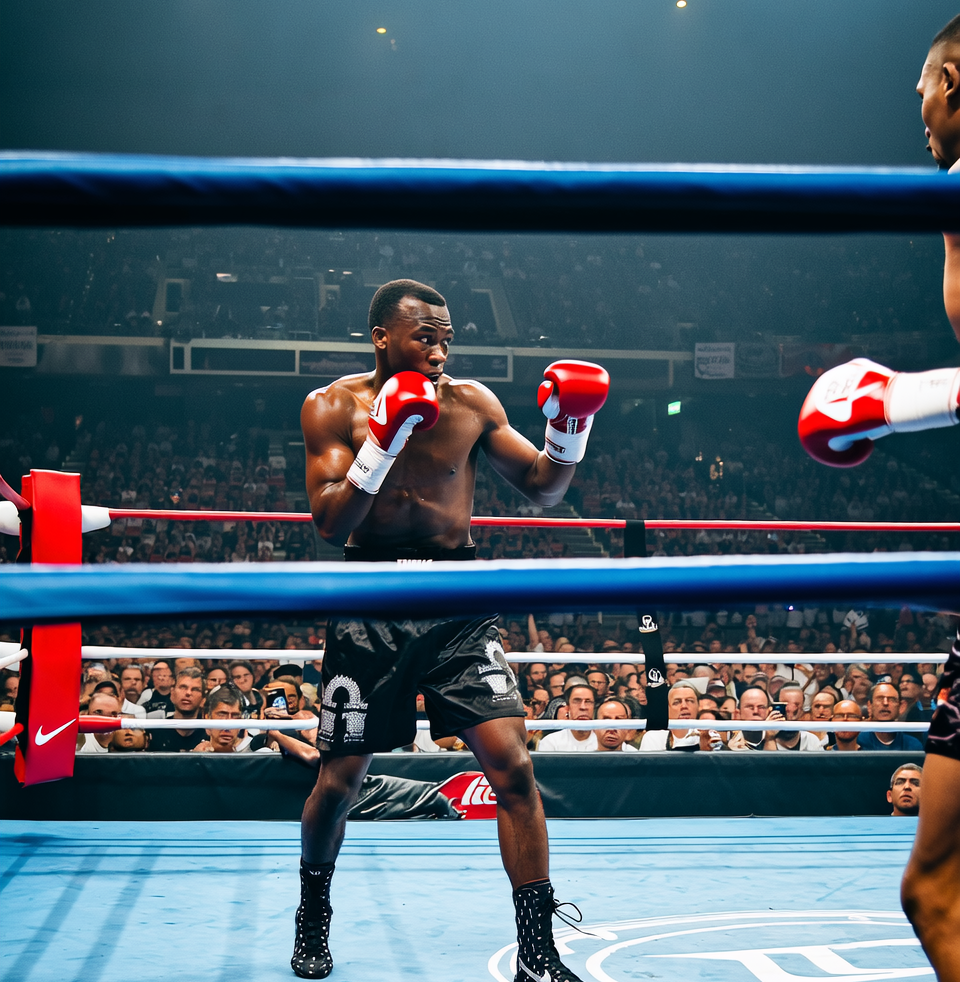 Boxers in a ring, one throwing a punch; red gloves, stadium crowd.
