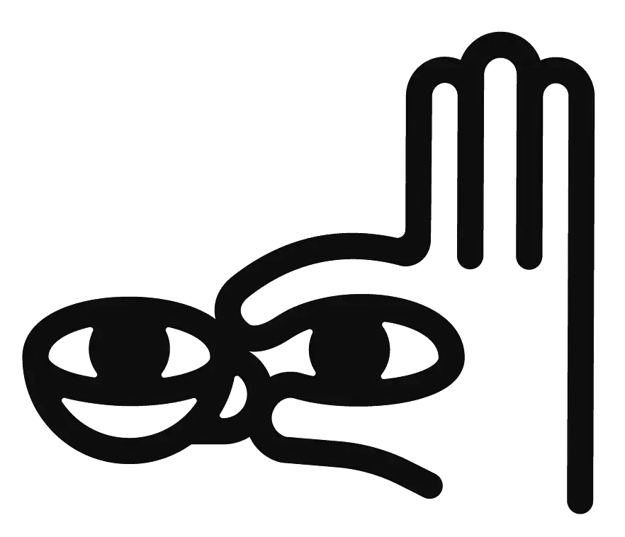 Black and white illustration: hand covering two eyes, looking sideways with open fingers, smiling.