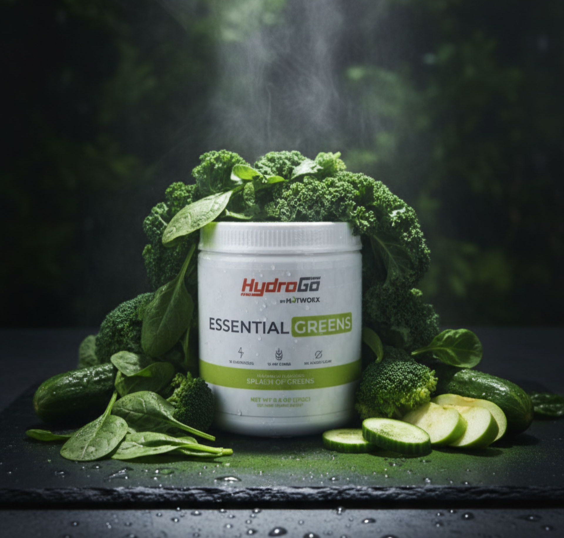 White HydroGo Essential Greens container surrounded by fresh greens and a spray of water.