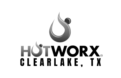 Hotworx logo, black and white. Features a flame-shaped icon with a small sphere above the letters, 