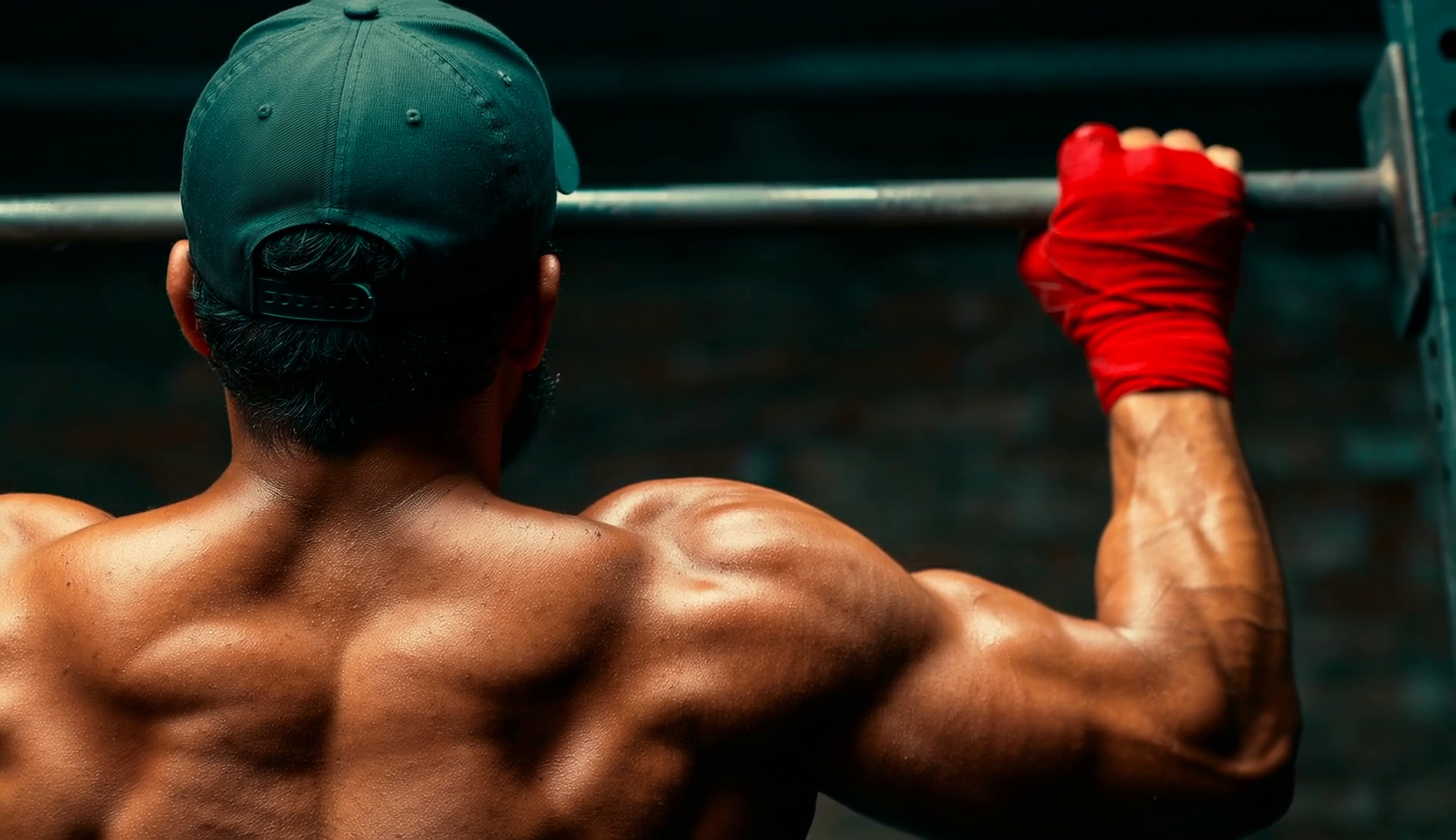 Muscular person with cap gripping a bar, red hand wrap, back view.