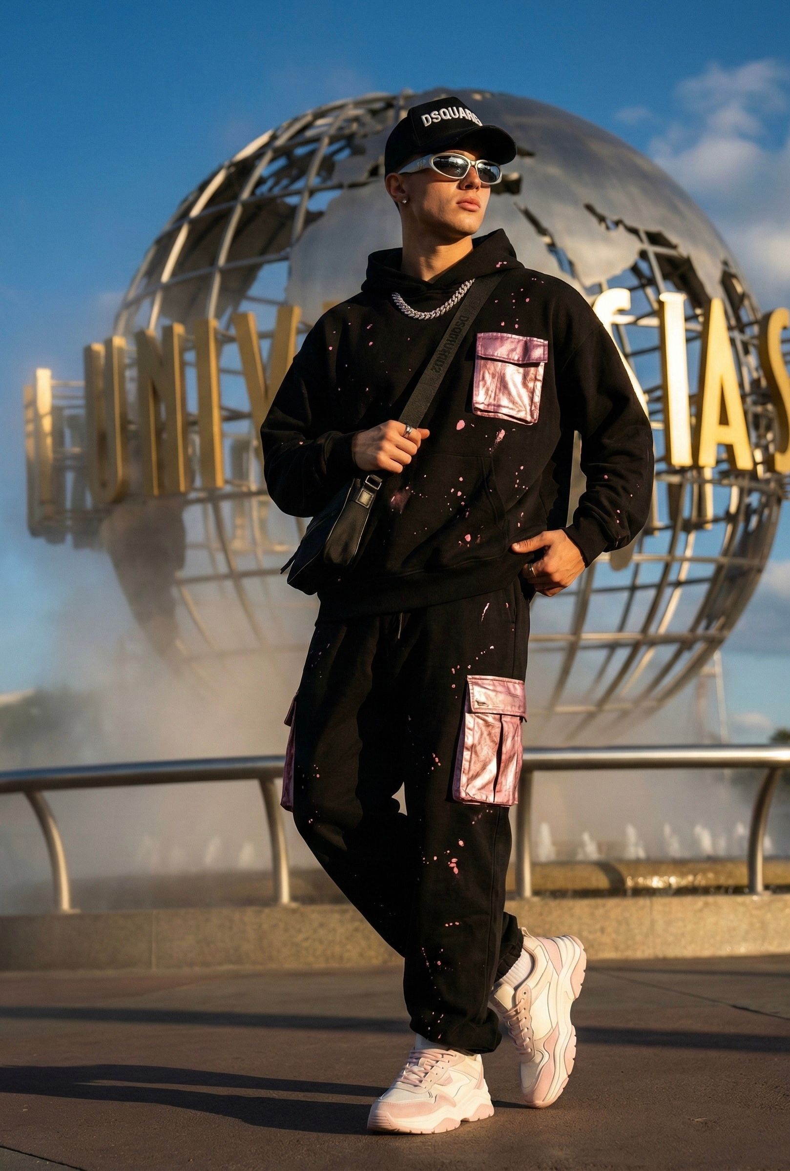 Person in black outfit posing in front of the Universal Globe in California.