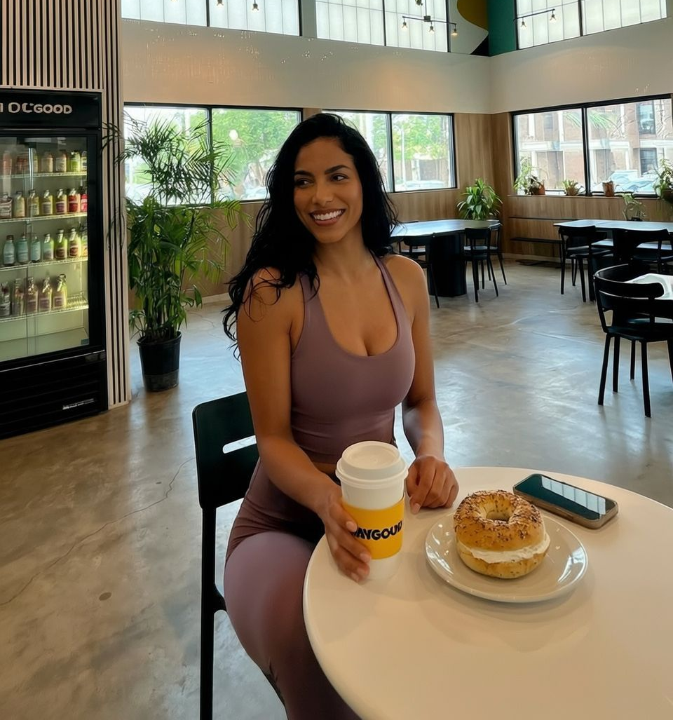 Woman in gym clothes seated at table, holding coffee, bagel with cream cheese, in cafe.