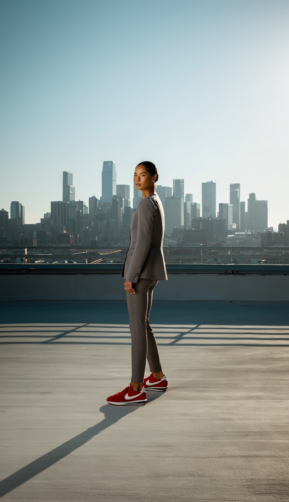 Person in a gray suit and red sneakers looking over their shoulder at the camera, city skyline in the background.
