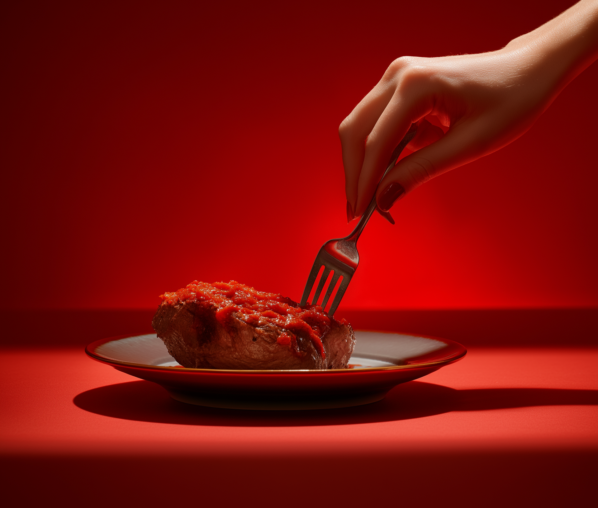 Hand holding fork in a steak covered with tomato sauce on a plate, set against a red backdrop.