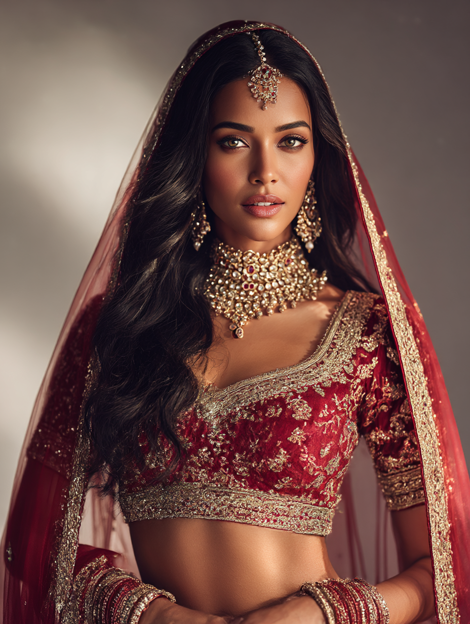 Woman in a red embroidered wedding outfit with gold jewelry, looking at the camera.