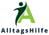 Logo: Grüne Figur streckt die Hand nach oben und umarmt ein grünes „A“. Darunter „AlltagsHilfe“ in Blaugrau.