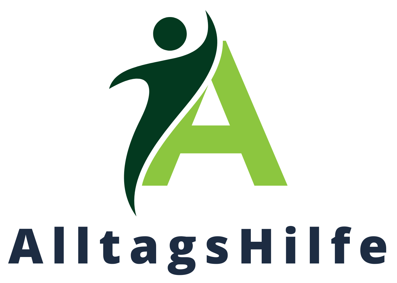 Logo für AlltagsHilfe mit einer nach oben greifenden grünen Figur und einem grünen „A“ mit dem Text „AlltagsHilfe“ darunter.
