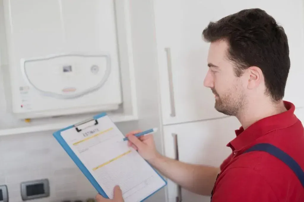 A man is looking at a clipboard in front of a boiler.