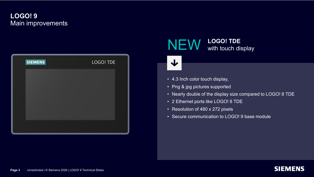 Een presentatieslide van Siemens voor het nieuwe LOGO! TDG touchscreen, met een overzicht van de belangrijkste kenmerken zoals resolutie en connectiviteit.