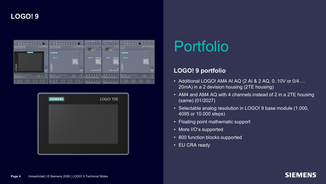 Siemens LOGO! 8-serie productportfolio dia met controllermodules en een displaypaneel met een lijst van functies.