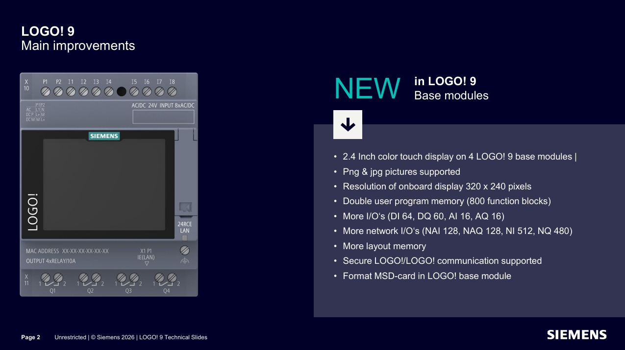 Een Siemens LOGO! 9 logicamodule met een lijst van nieuwe technische kenmerken weergegeven op een donkerblauwe achtergrond.