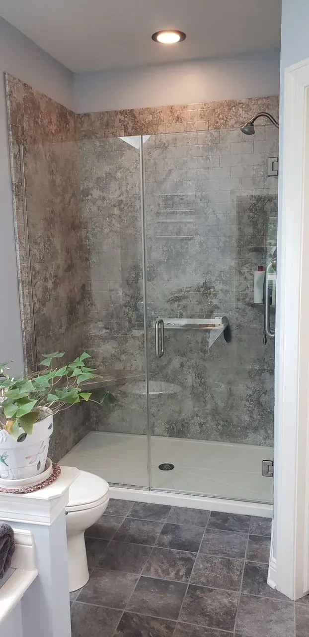 A bathroom with a walk in shower and a toilet.