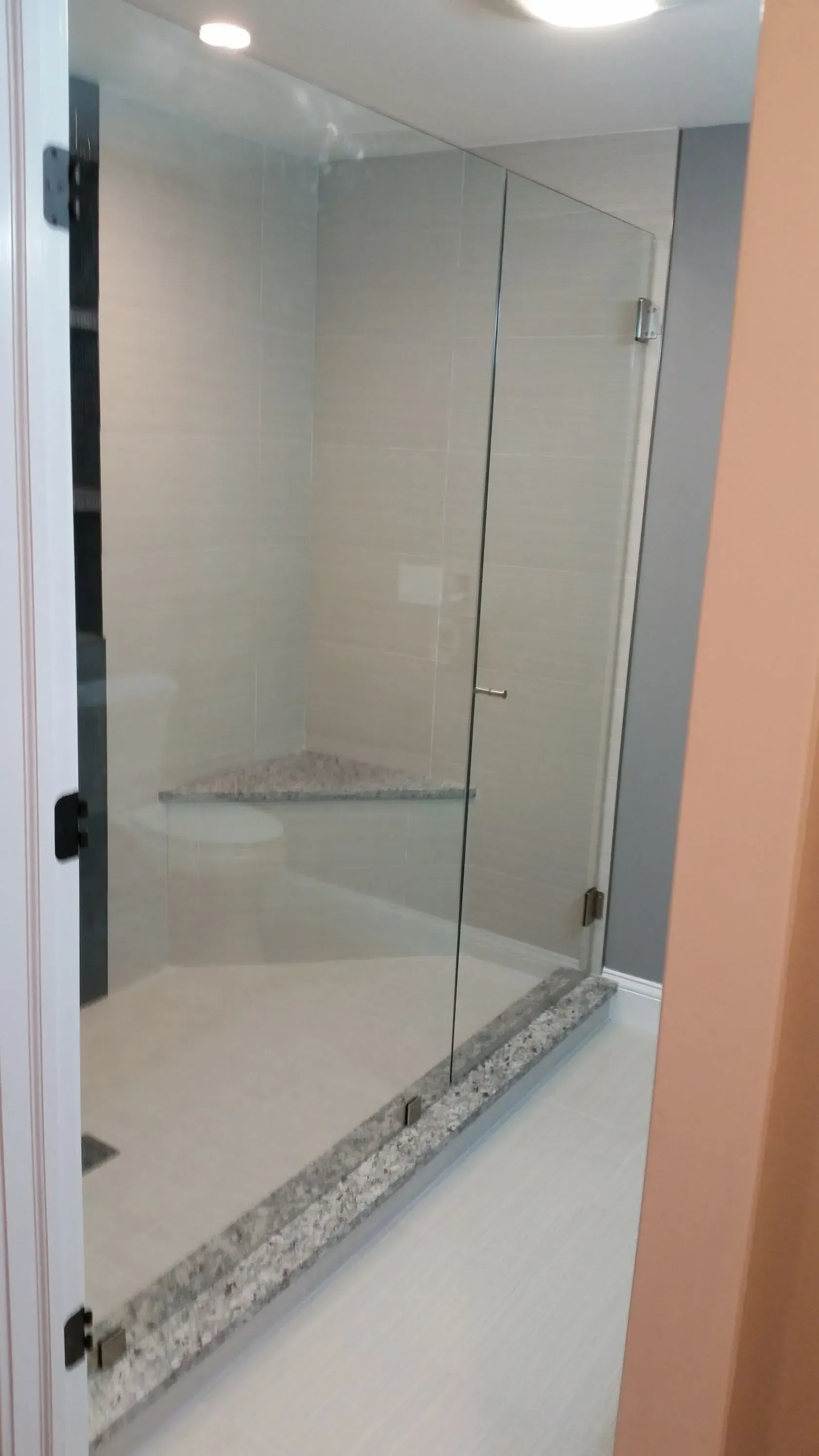 A bathroom with a walk in shower and a glass door.