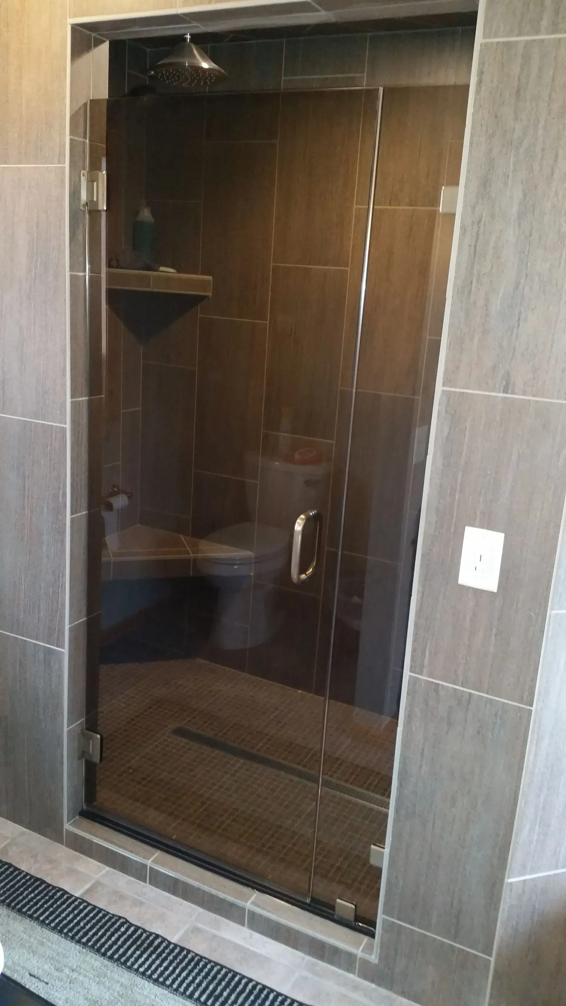A bathroom with a glass shower door and a toilet.